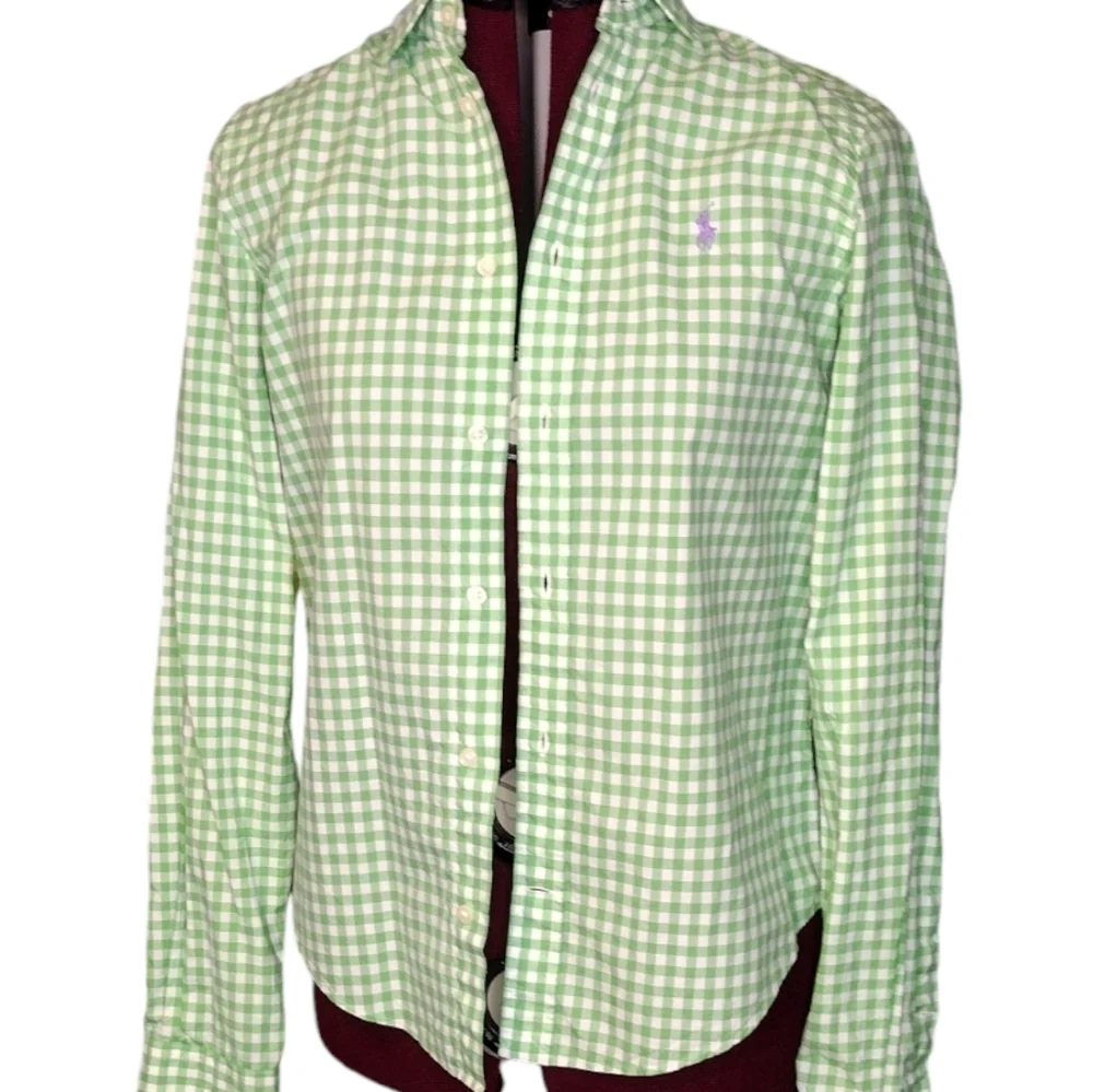Polo Ralph Lauren green white plaid rounded hem cotton women's small Blouse - Picture 8 of 10